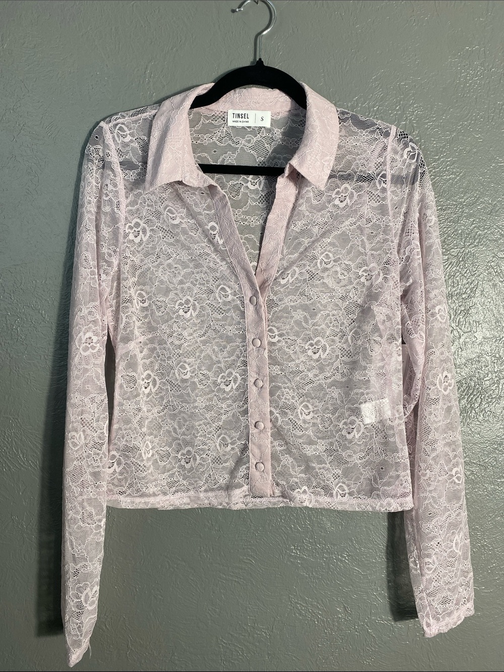 Tinsel Sheer Lace Button Front Top Small Lavender Floral Collared Y2K Crop